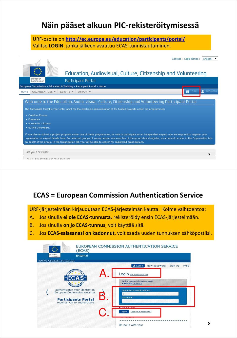 Klikkaa LOGIN 7 ECAS = European Commission Authentication Service URF järjestelmään kirjaudutaan ECAS järjestelmän kautta.