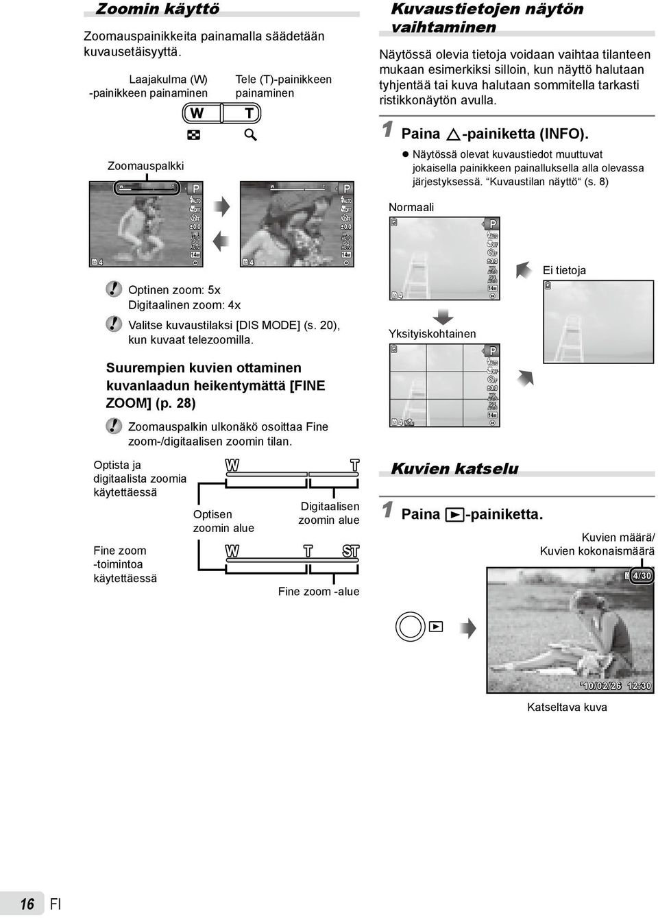 Suurempien kuvien ottaminen kuvanlaadun heikentymättä [NE ZOOM] (p. 28) Zoomauspalkin ulkonäkö osoittaa Fine zoom-/digitaalisen zoomin tilan.