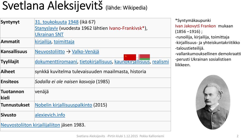 dokumenttiromaani, tietokirjallisuus, kaunokirjallisuus, realismi synkkä kuvitelma tulevaisuuden maailmasta, historia *Syntymäkaupunki Ivan Jakovytš Frankon mukaan (1856 1916) ; runoilija,