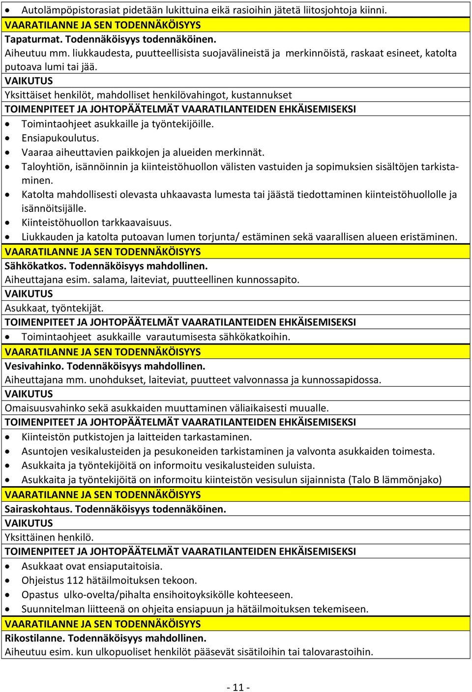 VAIKUTUS Yksittäiset henkilöt, mahdolliset henkilövahingot, kustannukset TOIMENPITEET JA JOHTOPÄÄTELMÄT VAARATILANTEIDEN EHKÄISEMISEKSI Toimintaohjeet asukkaille ja työntekijöille. Ensiapukoulutus.