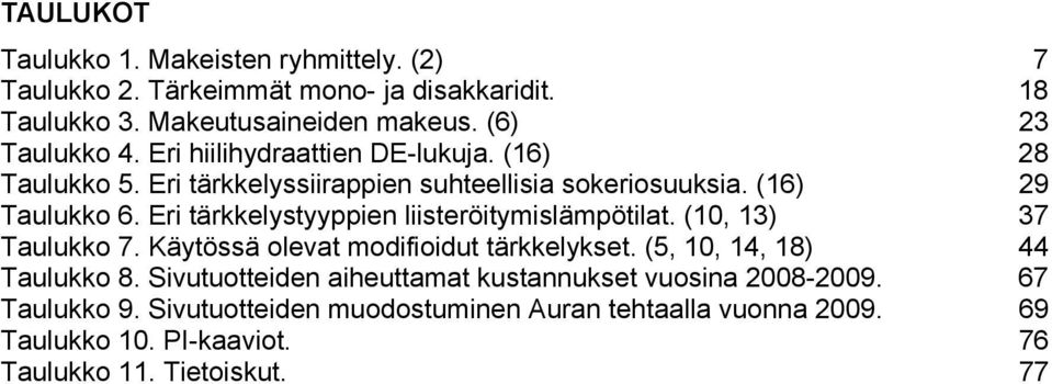 Eri tärkkelystyyppien liisteröitymislämpötilat. (10, 13) 37 Taulukko 7. Käytössä olevat modifioidut tärkkelykset. (5, 10, 14, 18) 44 Taulukko 8.