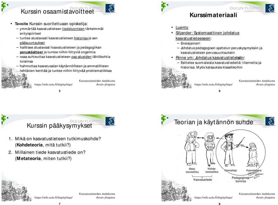 kasvatusalan käytännöllisten ja ammatillisten tehtävien kenttää ja tuntee niihin liittyvää problematiikkaa Kurssimateriaali Luento Siljander: Systemaattinen johdatus kasvatustieteeseen: Ensisijainen!