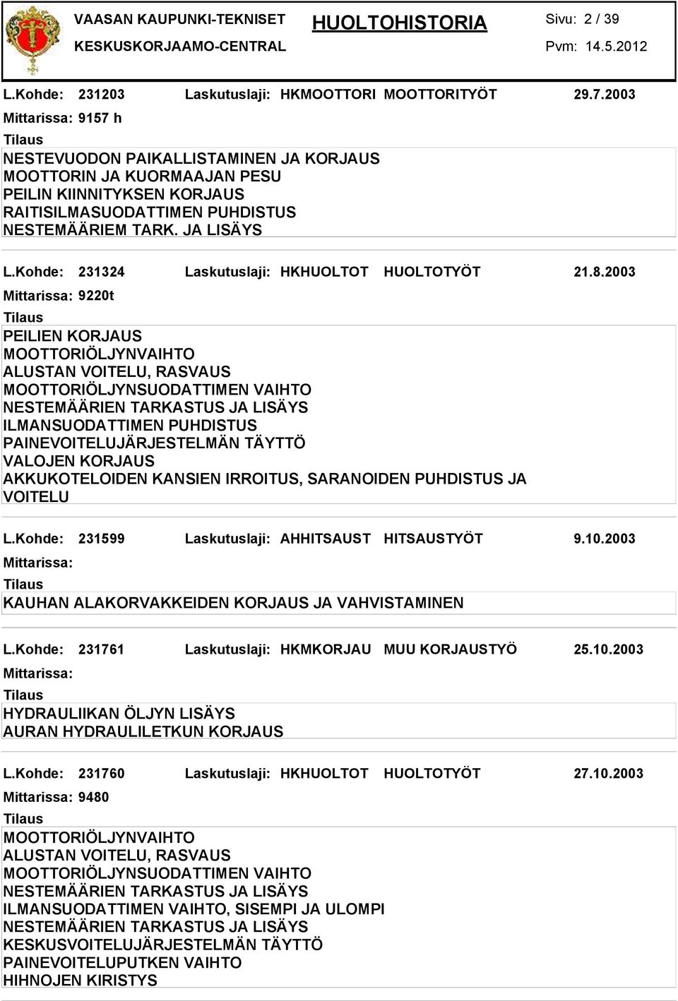 Kohde: 231324 Laskutuslaji: HKHUOLTOT HUOLTOTYÖT 21.8.