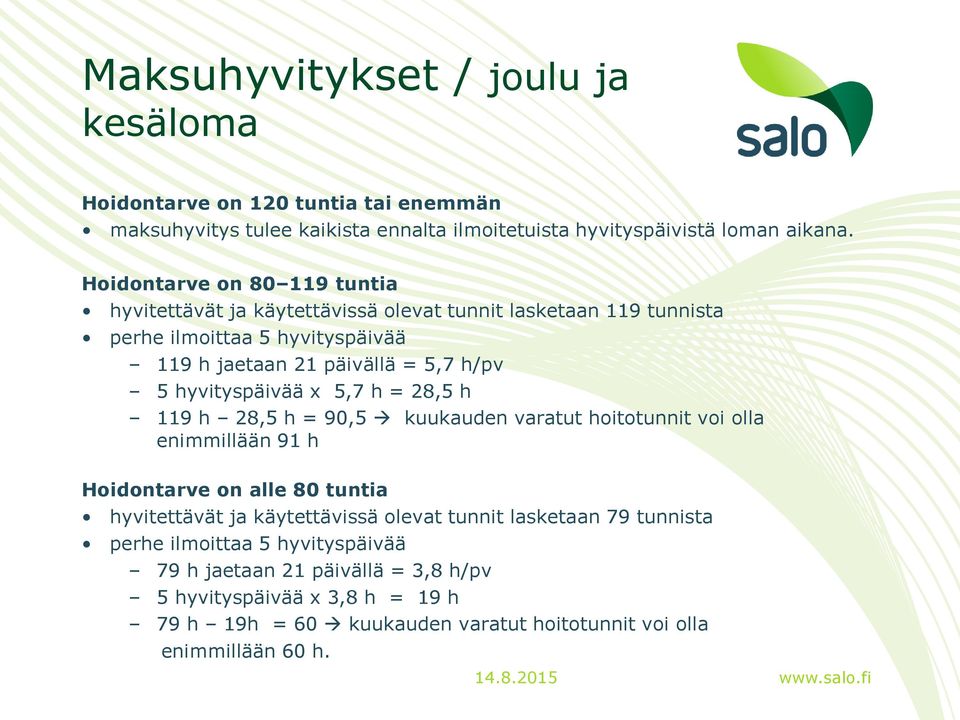 hyvityspäivää x 5,7 h = 28,5 h 119 h 28,5 h = 90,5 kuukauden varatut hoitotunnit voi olla enimmillään 91 h Hoidontarve on alle 80 tuntia hyvitettävät ja käytettävissä olevat