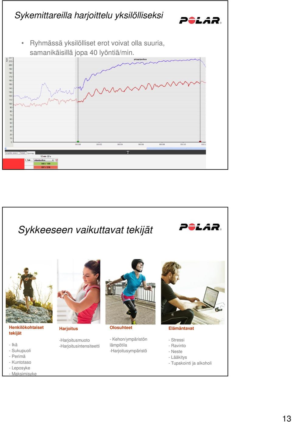 Sykkeeseen vaikuttavat tekijät Henkilökohtaiset tekijät - Ikä - Sukupuoli - Perimä - Kuntotaso - Leposyke -