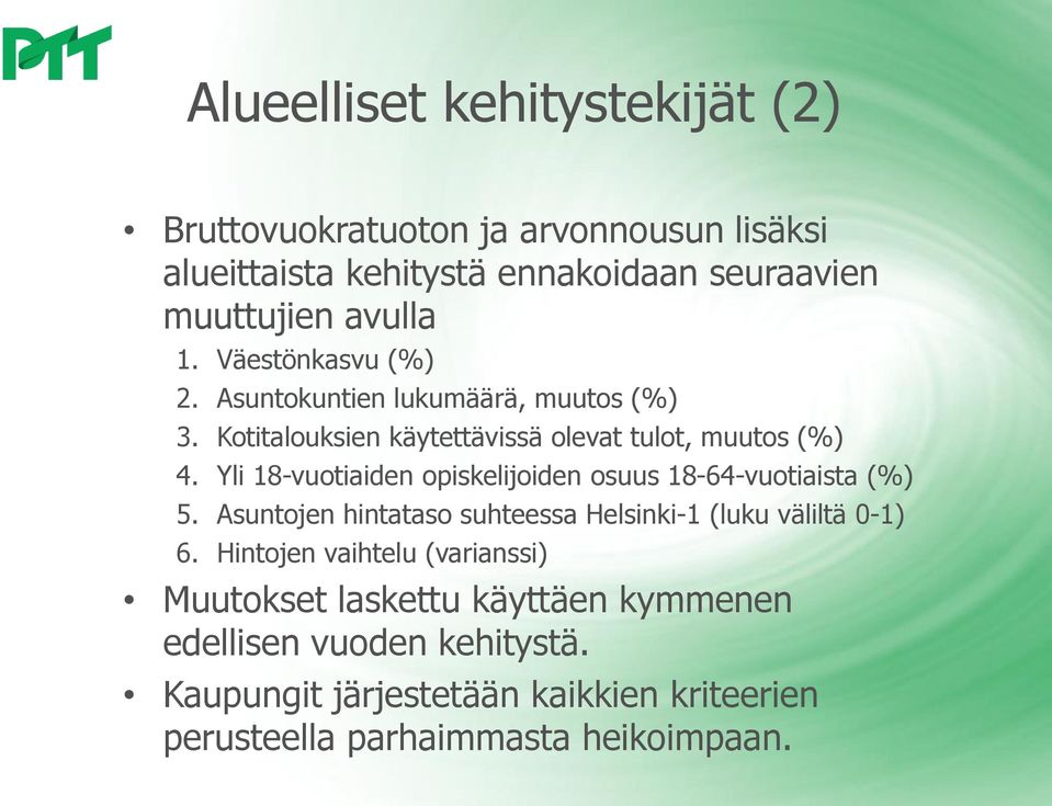 Yli 18-vuotiaiden opiskelijoiden osuus 18-64-vuotiaista (%) 5. Asuntojen hintataso suhteessa Helsinki-1 (luku väliltä 0-1) 6.