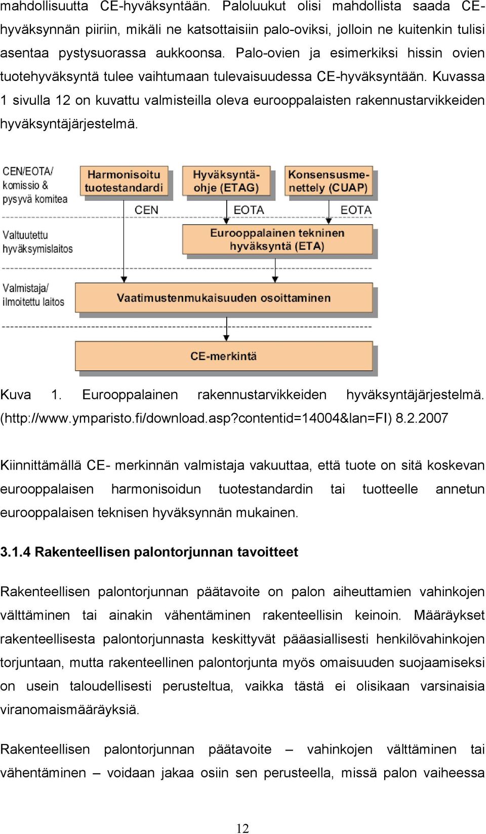 Kuvassa 1 sivulla 12 on kuvattu valmisteilla oleva eurooppalaisten rakennustarvikkeiden hyväksyntäjärjestelmä. Kuva 1. Eurooppalainen rakennustarvikkeiden hyväksyntäjärjestelmä. (http://www.ymparisto.