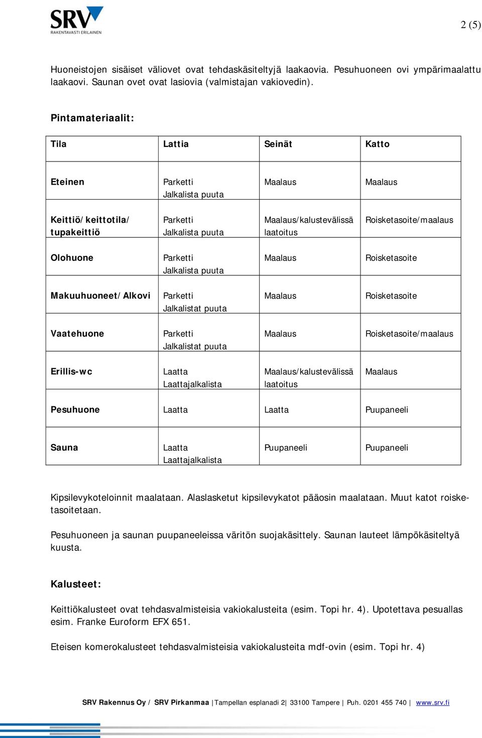 Roisketasoite/maalaus Olohuone Parketti Jalkalista puuta Maalaus Roisketasoite Makuuhuoneet/Alkovi Parketti Jalkalistat puuta Maalaus Roisketasoite Vaatehuone Parketti Jalkalistat puuta Maalaus