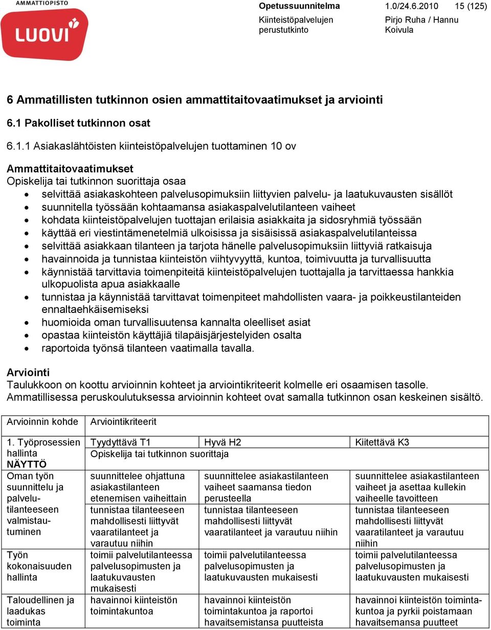 15 (125) 6 Ammatillisten tutkinnon osien ammattitaitovaatimukset ja arviointi 6.1 Pakolliset tutkinnon osat 6.1.1 Asiakaslähtöisten kiinteistöpalvelujen tuottaminen 10 ov Ammattitaitovaatimukset