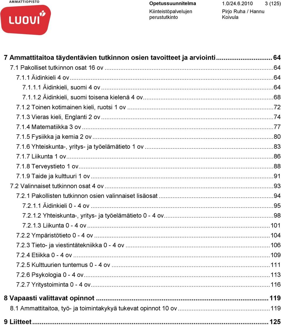 .. 80 7.1.6 Yhteiskunta-, yritys- ja työelämätieto 1 ov... 83 7.1.7 Liikunta 1 ov... 86 7.1.8 Terveystieto 1 ov... 88 7.1.9 Taide ja kulttuuri 1 ov... 91 7.2 