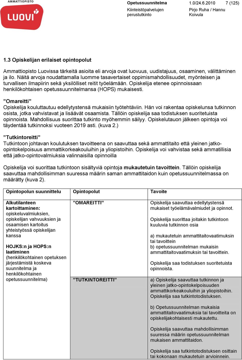 Opiskelija etenee opinnoissaan henkilökohtaisen opetussuunnitelmansa (HOPS) mukaisesti. Omareitti Opiskelija kouluttautuu edellytystensä mukaisiin työtehtäviin.