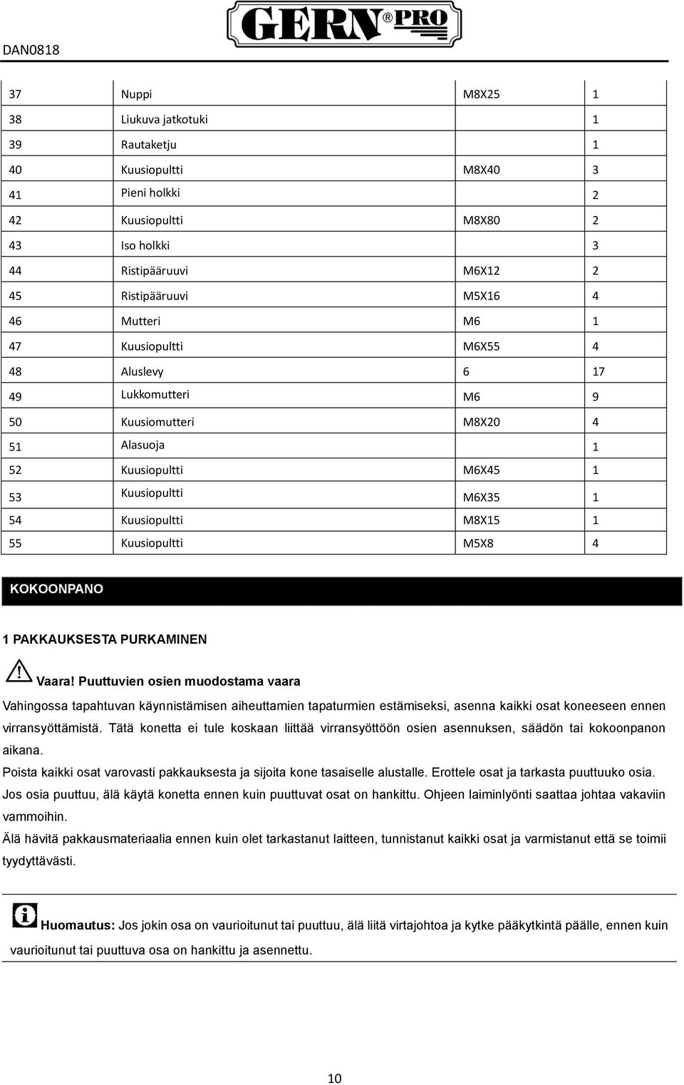4 KOKOONPANO 1 PAKKAUKSESTA PURKAMINEN Vaara!