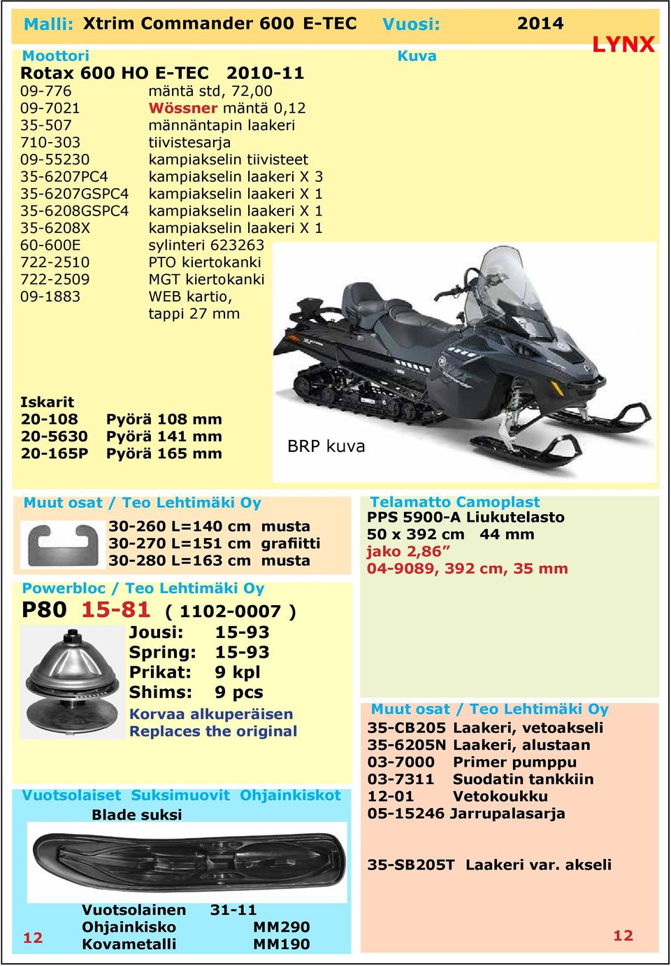 60-600E sylinteri 623263 722-2510 PTO kiertokanki 722-2509 MGT kiertokanki 09-1883 WEB kartio, tappi 27 mm 20-108 Pyörä 108 mm 20-5630 Pyörä 141 mm 20-165P Pyörä 165 mm BRP