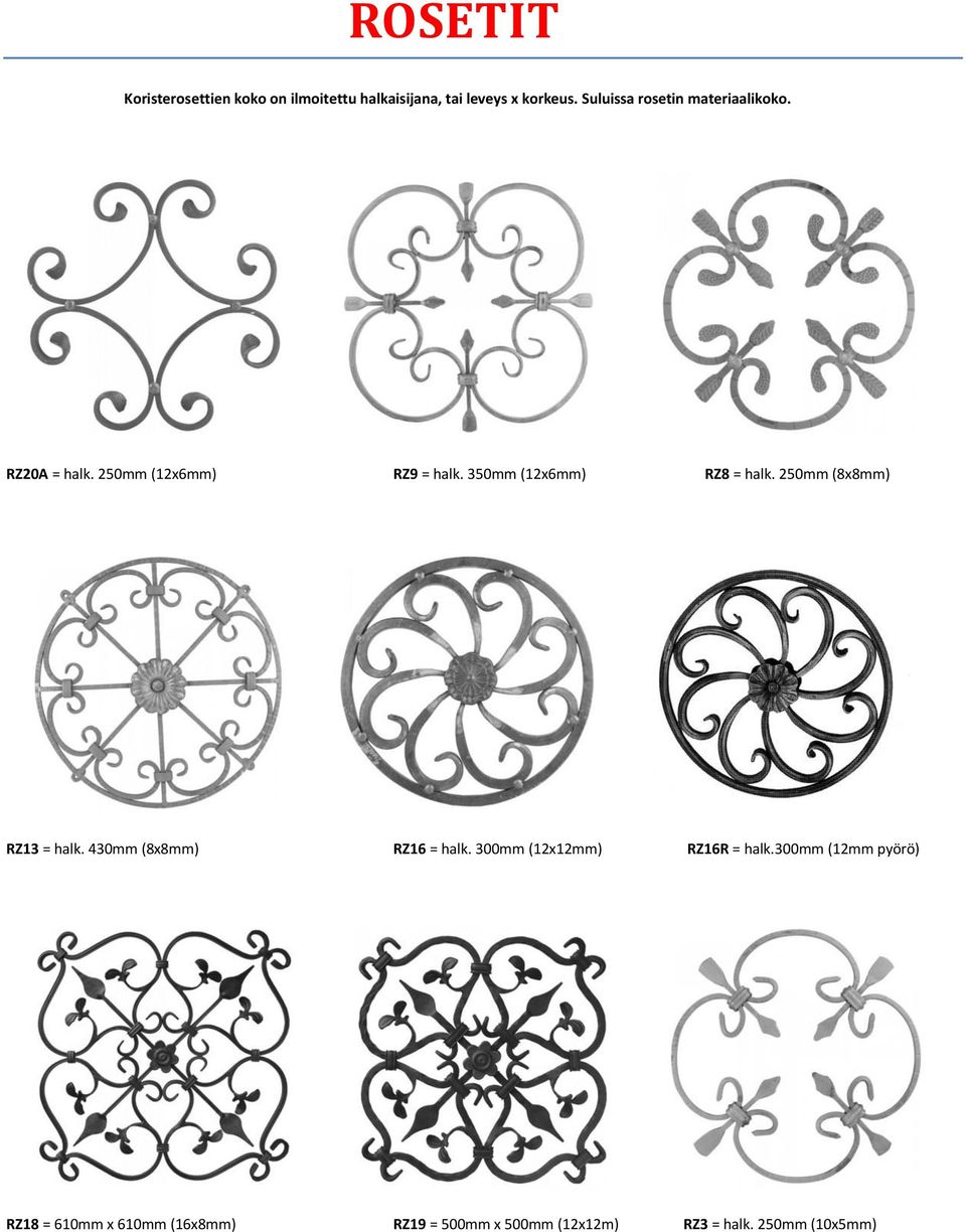 350mm (12x6mm) RZ8 = halk. 250mm (8x8mm) RZ13 = halk. 430mm (8x8mm) RZ16 = halk.