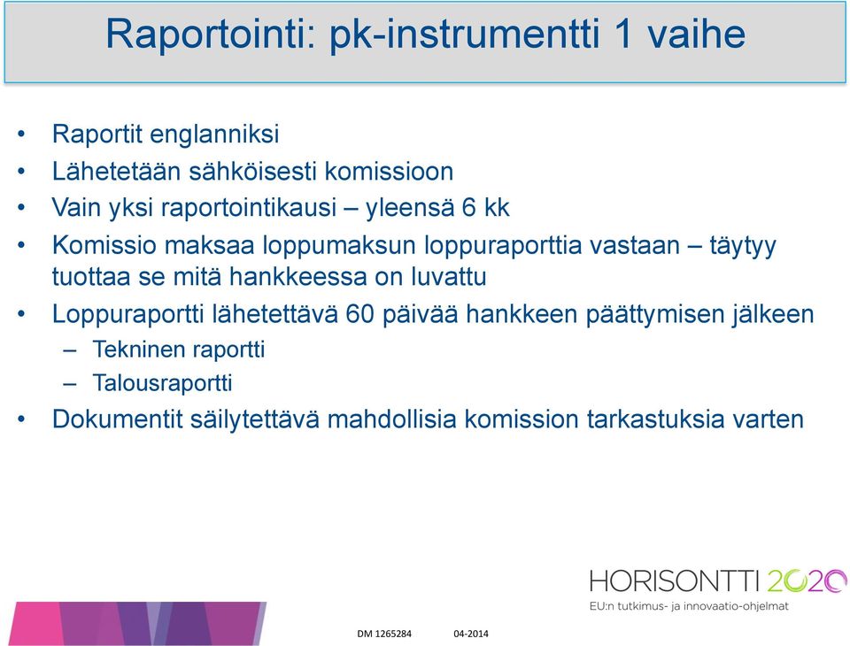 tuottaa se mitä hankkeessa on luvattu Loppuraportti lähetettävä 60 päivää hankkeen päättymisen