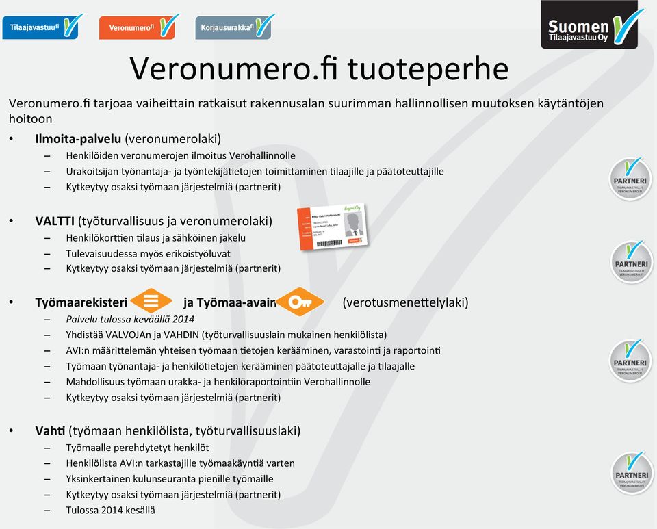 työnantaja- ja työntekijähetojen toimi@aminen Hlaajille ja päätoteu@ajille Kytkeytyy osaksi työmaan järjestelmiä (partnerit) VALTTI (työturvallisuus ja veronumerolaki) HenkilökorNen Hlaus ja