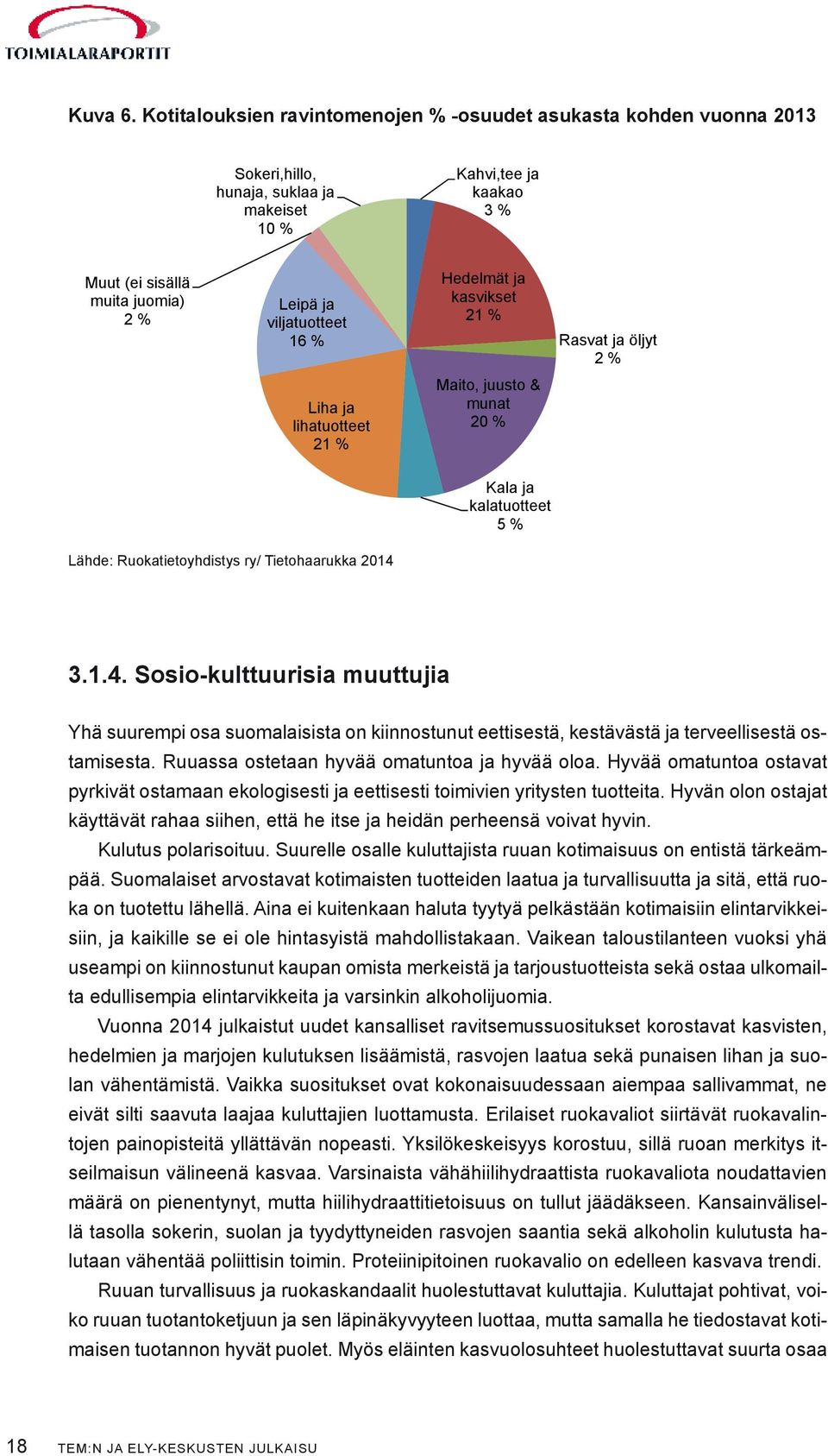% Hedelmät ja kasvikset 21 % Rasvat ja öljyt 2 % Liha ja lihatuotteet 21 % Maito, juusto & munat 20 % Kala ja kalatuotteet 5 % Lähde: Ruokatietoyhdistys ry/ Tietohaarukka 2014 