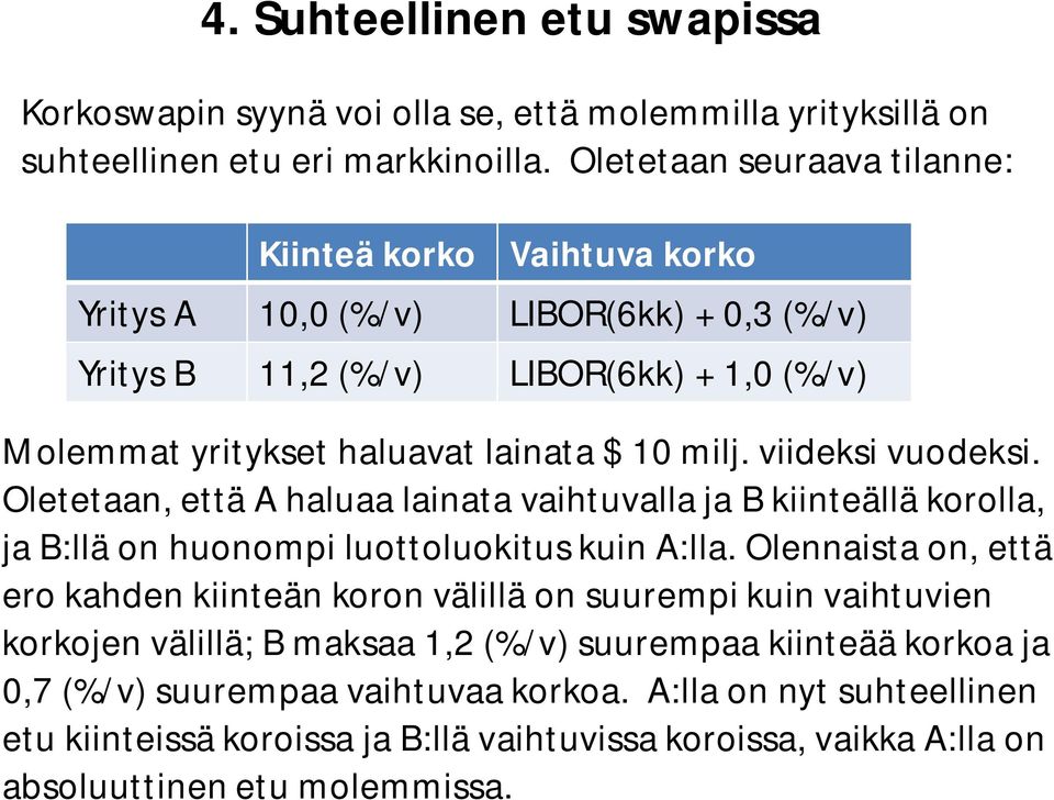 viideksi vuodeksi. Oletetaan, että A haluaa lainata vaihtuvalla ja B kiinteällä korolla, ja B:llä on huonompi luottoluokitus kuin A:lla.