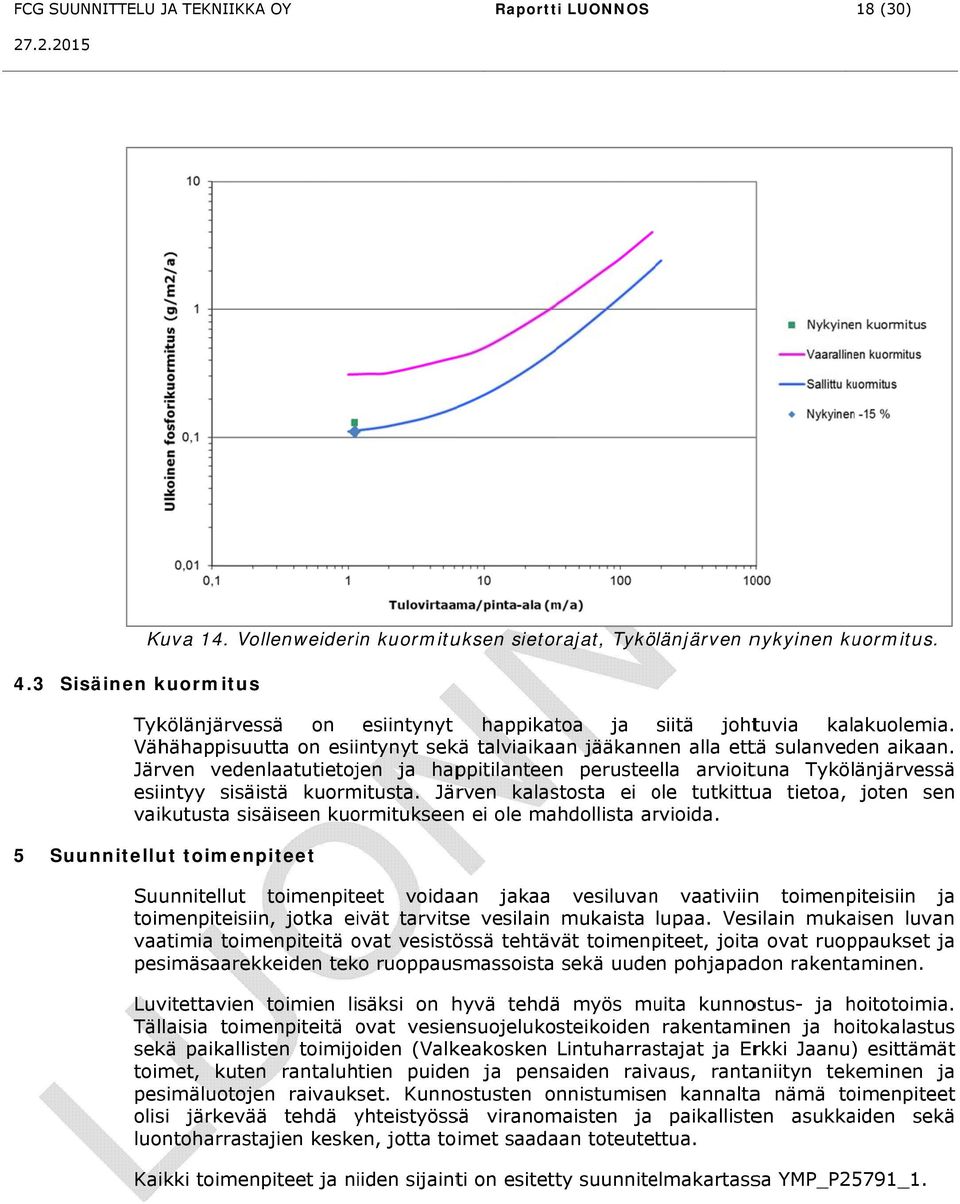 Järven vedenlaatutietojen ja happitilanteenn perusteella arvioituna Tykölänjärvessää esiintyy sisäistä kuormitusta.