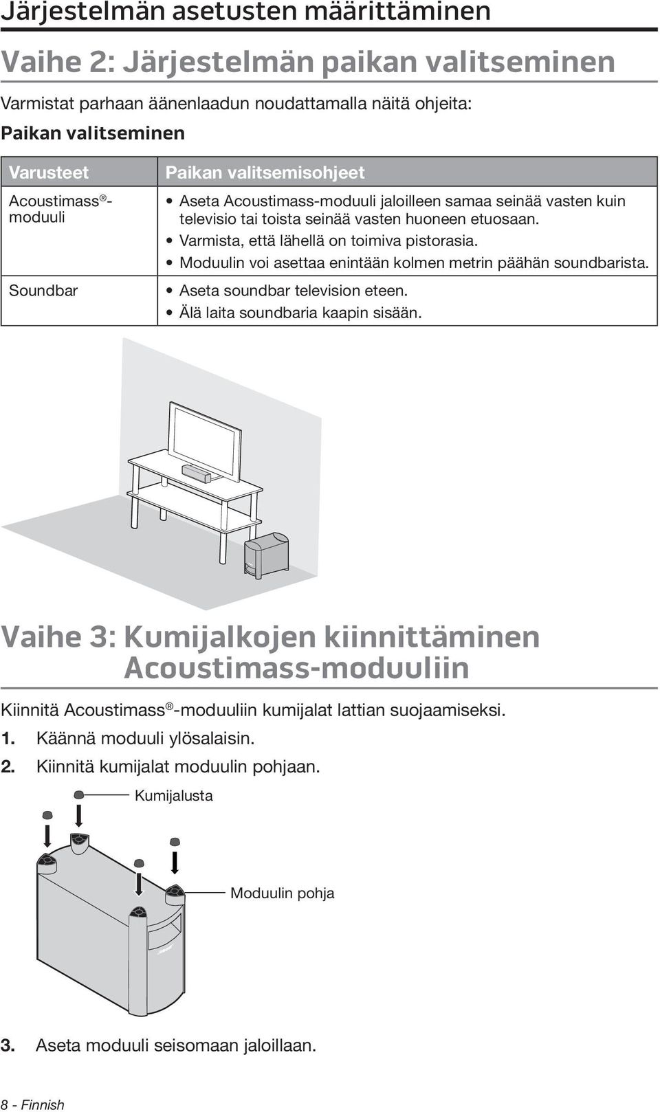 Moduulin voi asettaa enintään kolmen metrin päähän soundbarista. Aseta soundbar television eteen. Älä laita soundbaria kaapin sisään.