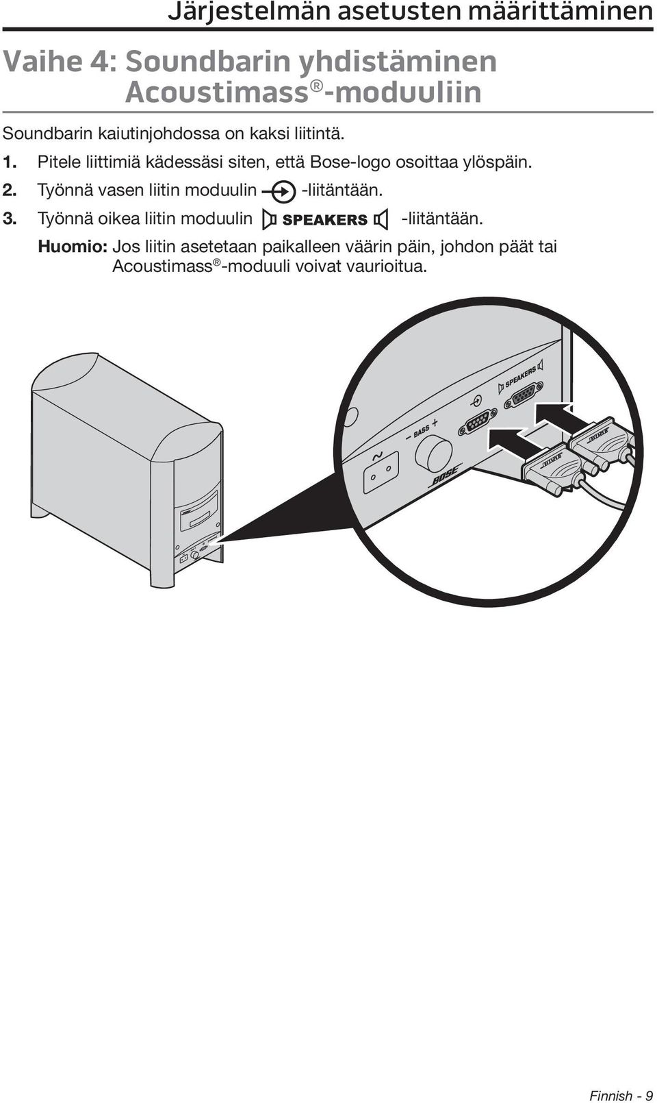 2. Työnnä vasen liitin moduulin -liitäntään. 3. Työnnä oikea liitin moduulin -liitäntään.