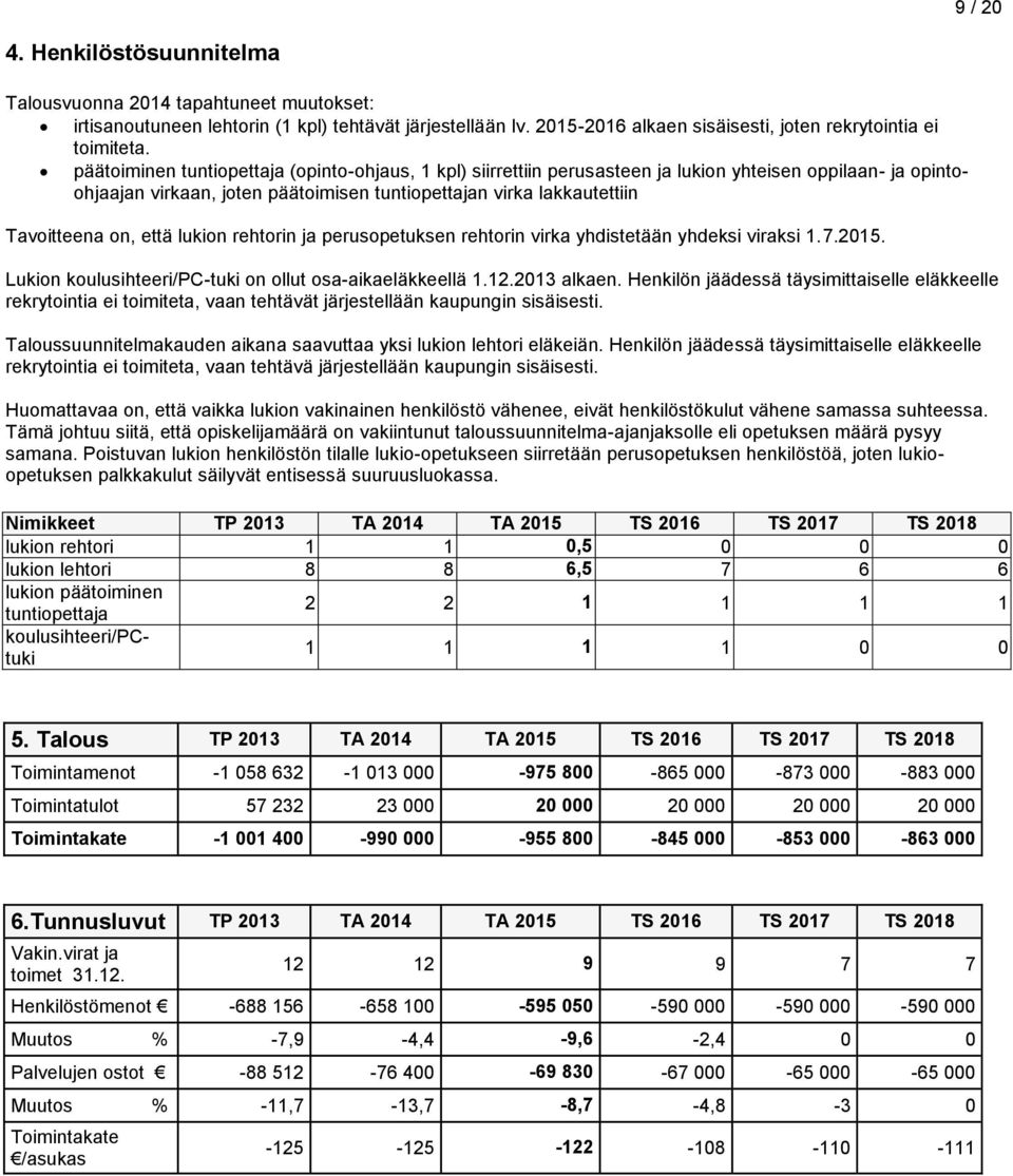 että lukion rehtorin ja perusopetuksen rehtorin virka yhdistetään yhdeksi viraksi 1.7.2015. Lukion koulusihteeri/pc-tuki on ollut osa-aikaeläkkeellä 1.12.2013 alkaen.