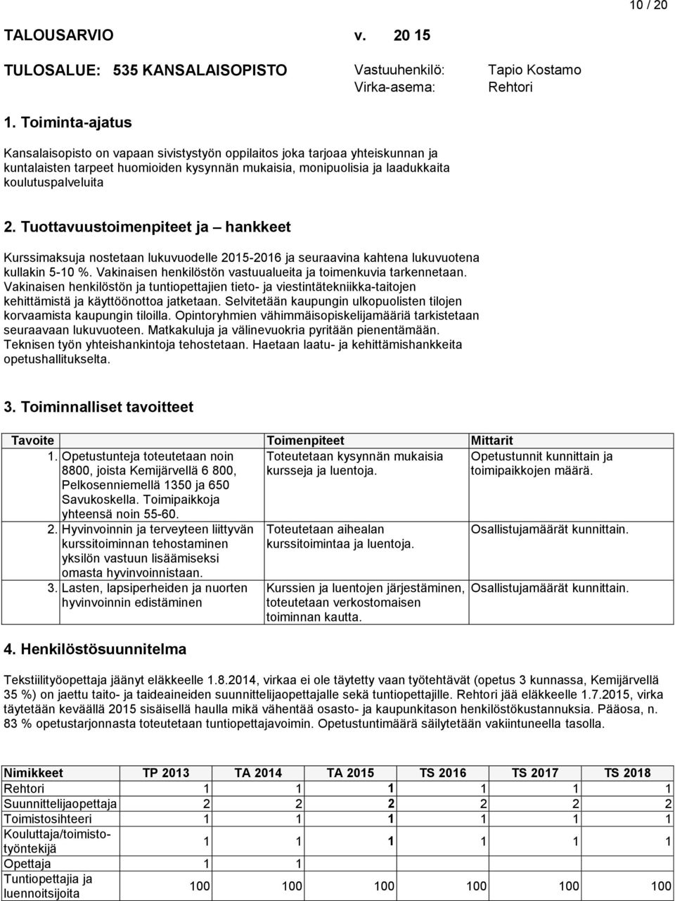 Tuottavuustoimenpiteet ja hankkeet Kurssimaksuja nostetaan lukuvuodelle 2015-2016 ja seuraavina kahtena lukuvuotena kullakin 5-10 %. Vakinaisen henkilöstön vastuualueita ja toimenkuvia tarkennetaan.