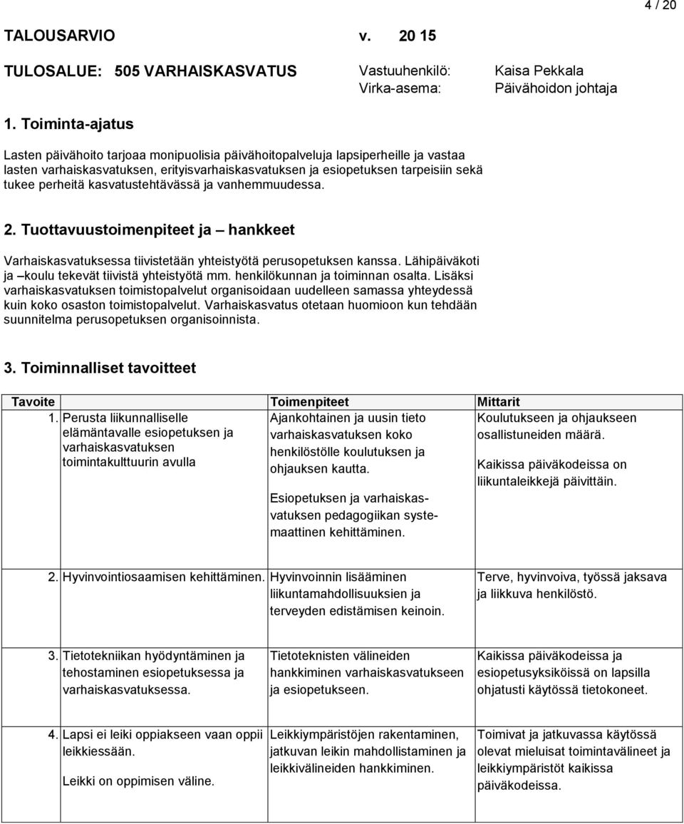 kasvatustehtävässä ja vanhemmuudessa. 2. Tuottavuustoimenpiteet ja hankkeet Varhaiskasvatuksessa tiivistetään yhteistyötä perusopetuksen kanssa. Lähipäiväkoti ja koulu tekevät tiivistä yhteistyötä mm.