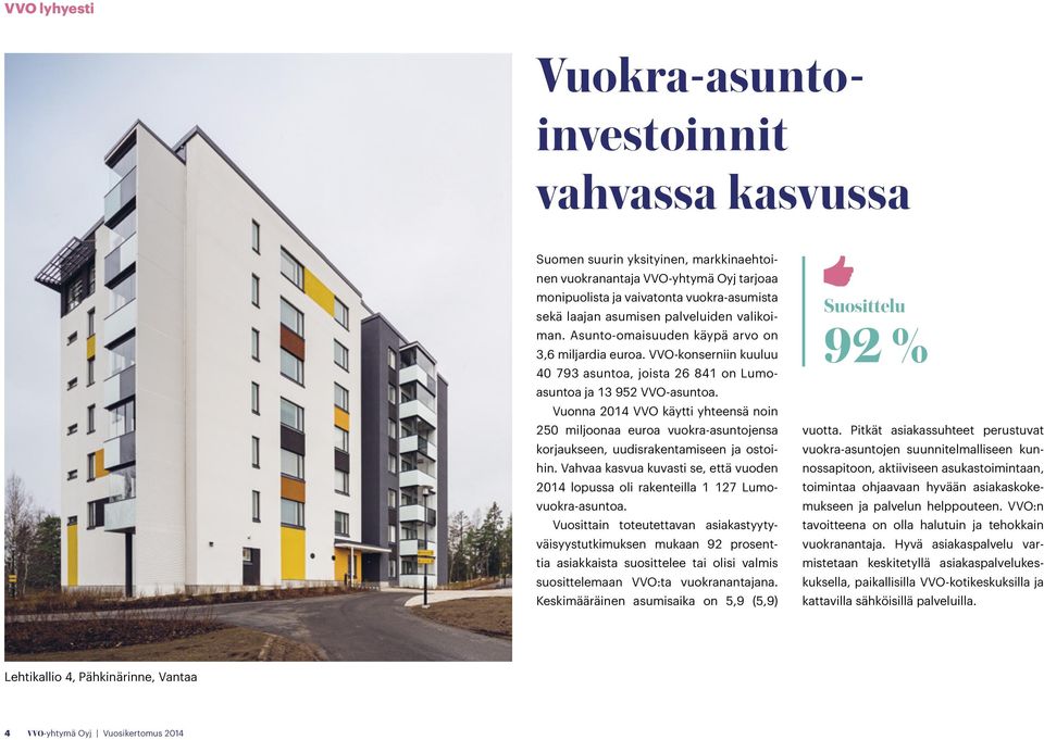 Vuonna VVO käytti yhteensä noin 250 miljoonaa euroa vuokra-asuntojensa korjaukseen, uudisrakentamiseen ja ostoihin.