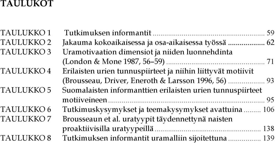 .. 71 TAULUKKO 4 Erilaisten urien tunnuspiirteet ja niihin liittyvät motiivit (Brousseau, Driver, Eneroth & Larsson 1996, 56).