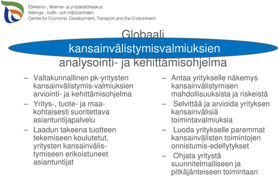 kansainvälistymiseen erikoistuneet asiantuntijat Antaa yritykselle näkemys kansainvälistymisen mahdollisuuksista ja riskeistä Selvittää ja arvioida