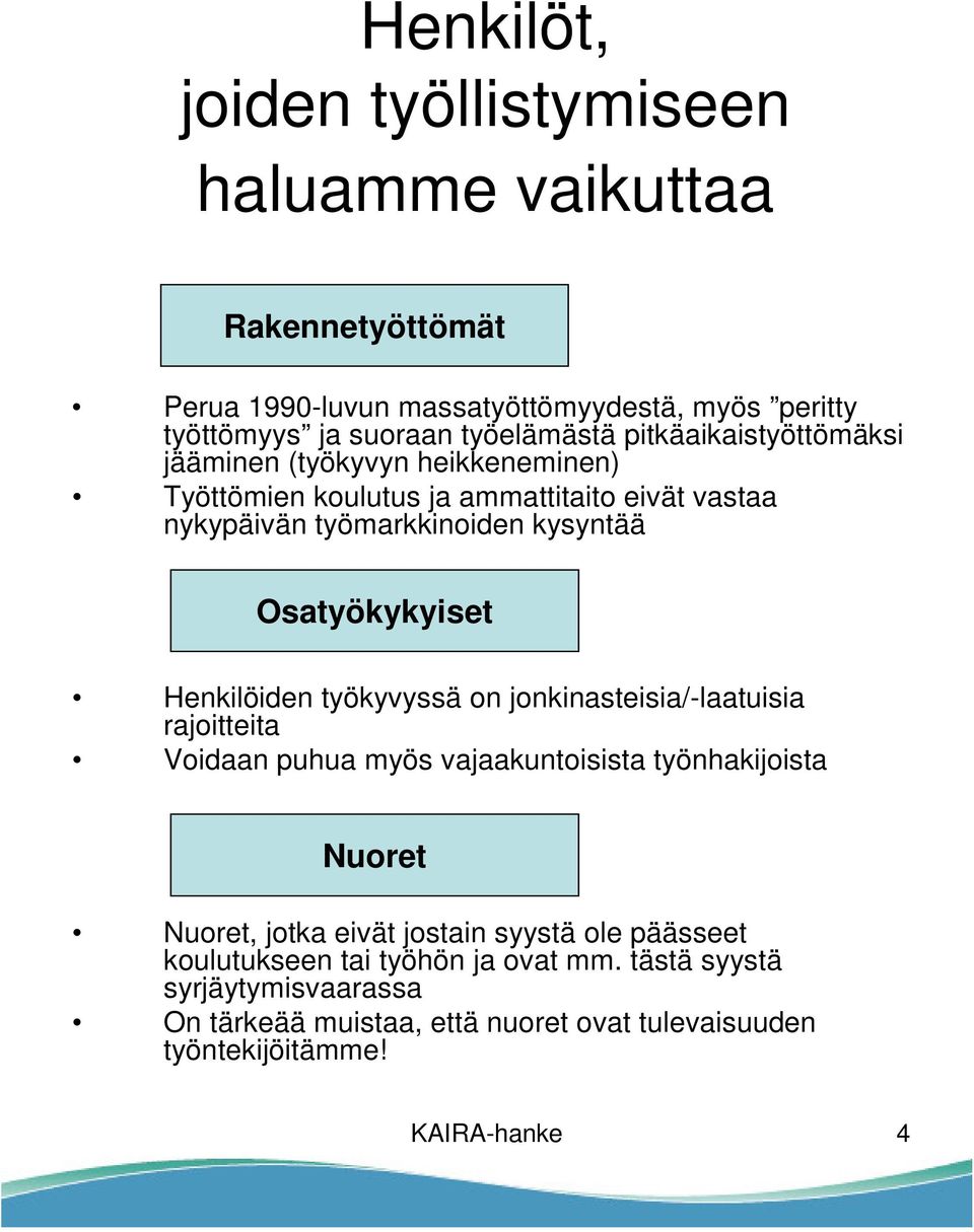 Henkilöiden työkyvyssä on jonkinasteisia/-laatuisia rajoitteita Voidaan puhua myös vajaakuntoisista työnhakijoista Nuoret Nuoret, jotka eivät jostain syystä