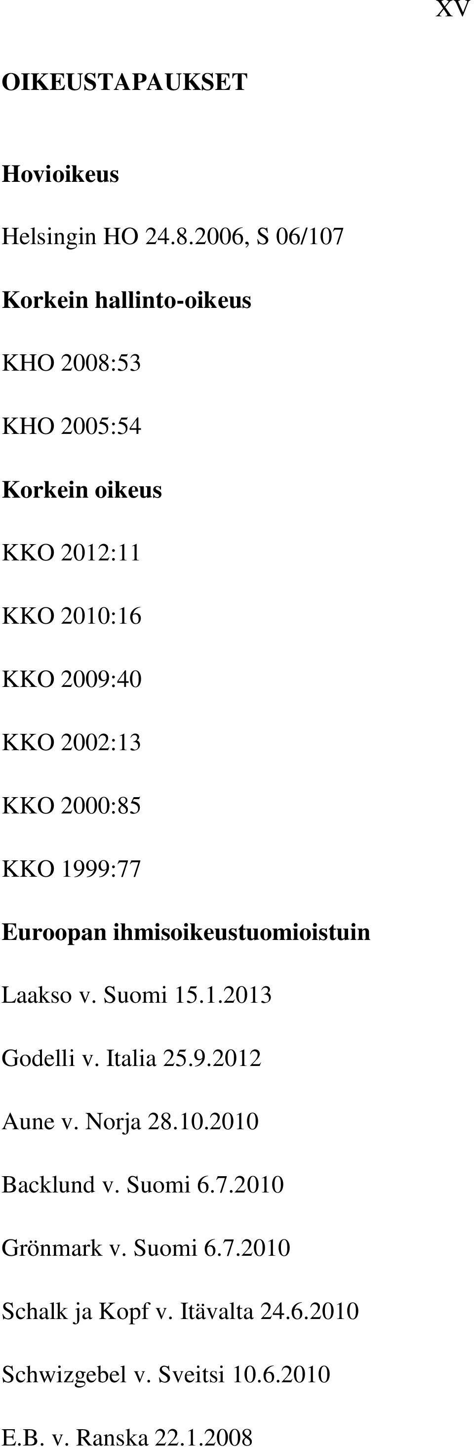 KKO 2002:13 KKO 2000:85 KKO 1999:77 Euroopan ihmisoikeustuomioistuin Laakso v. Suomi 15.1.2013 Godelli v.