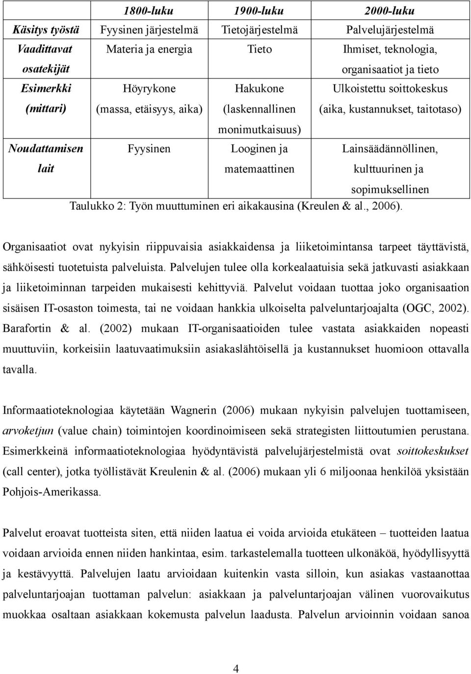 taitotaso) Lainsäädännöllinen, kulttuurinen ja sopimuksellinen Taulukko 2: Työn muuttuminen eri aikakausina (Kreulen & al., 2006).