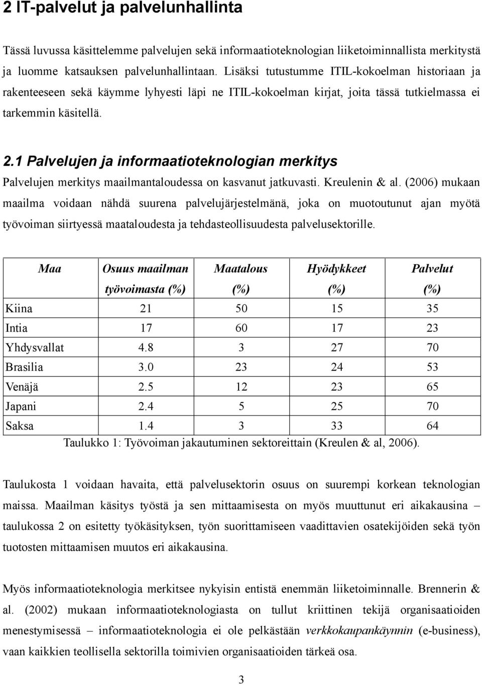 1 Palvelujen ja informaatioteknologian merkitys Palvelujen merkitys maailmantaloudessa on kasvanut jatkuvasti. Kreulenin & al.