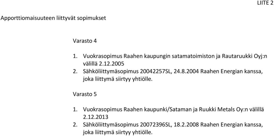 Sähköliittymäsopimus 20042257SL, 24.8.2004 Raahen Energian kanssa, joka liittymä siirtyy yhtiölle. Varasto 5 1.