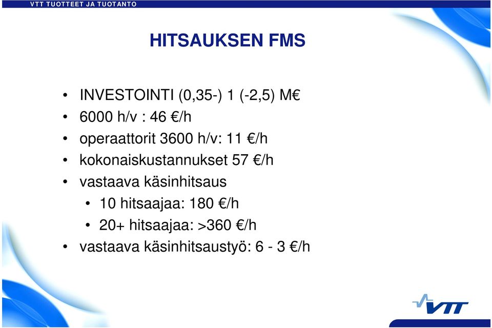 kokonaiskustannukset 57 /h vastaava käsinhitsaus 10