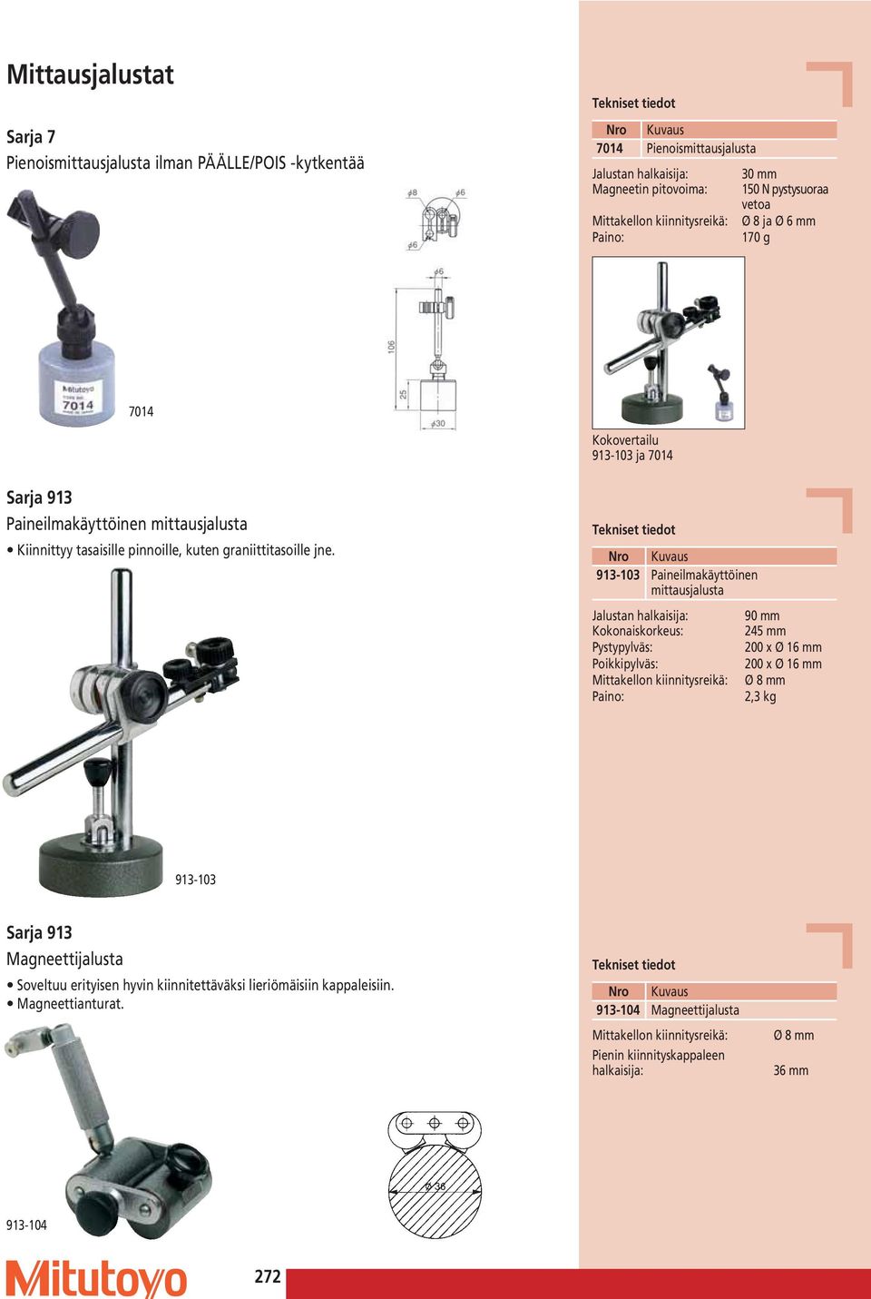 913-103 Paineilmakäyttöinen mittausjalusta Jalustan halkaisija: 90 Kokonaiskorkeus: 245 Pystypylväs: 200 x Ø 16 Poikkipylväs: 200 x Ø 16 Ø 8 : 2,3 913-103 Sarja 913