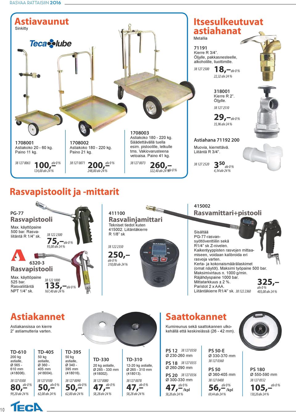 pistoolille, letkulle tms. Vakiovarusteena vetoaisa. Paino 41 kg. 38 127 0073 260, 322,40 alv 24 % Astiahana 71192 200 Muovia, kierrettävä. Liitäntä R 3/4.