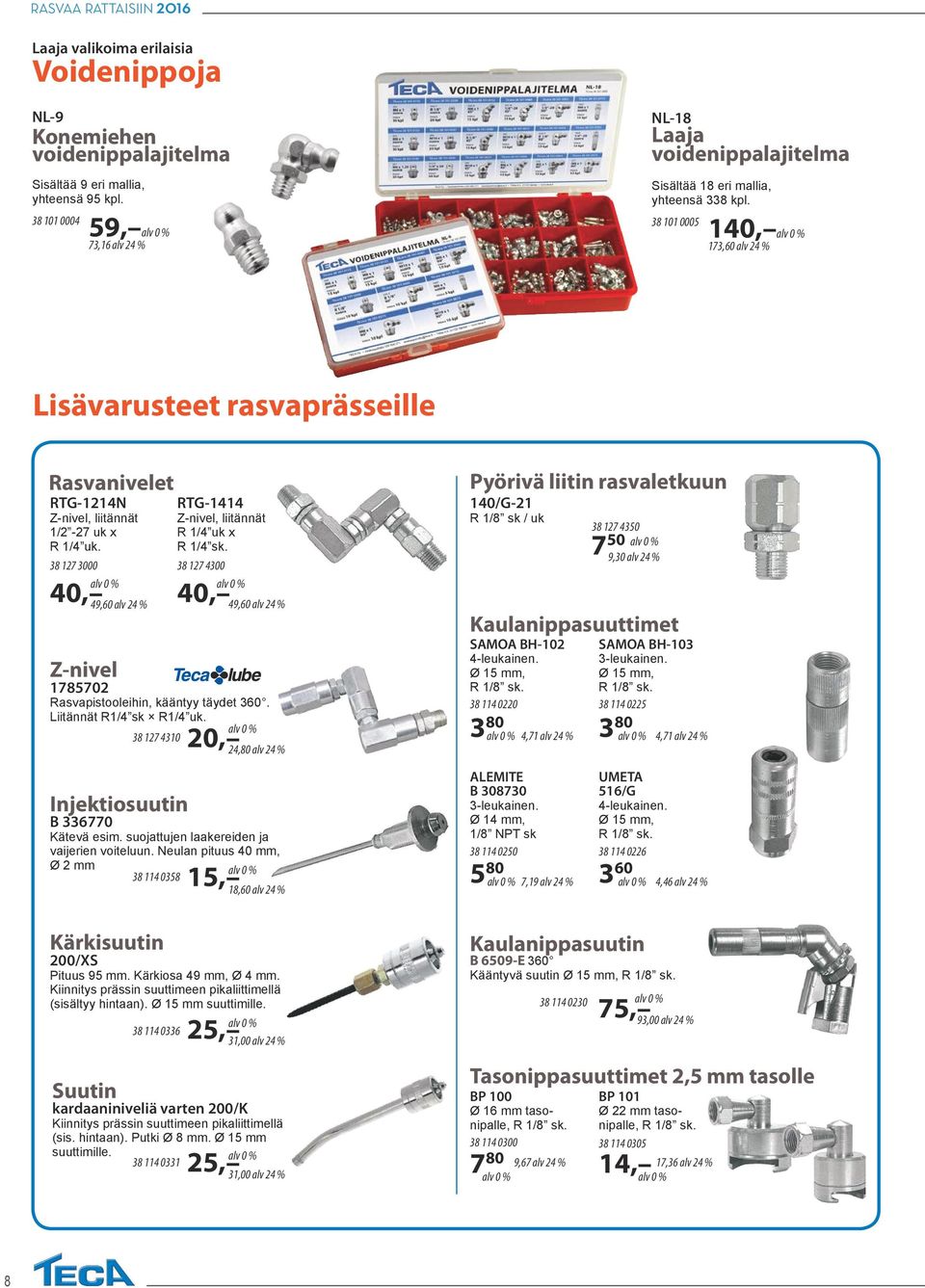 140, 173,60 alv 24 % Lisävarusteet rasvaprässeille Rasvanivelet RTG-1214N Z-nivel, liitännät 1/2-27 uk x R 1/4 uk. RTG-1414 Z-nivel, liitännät R 1/4 uk x R 1/4 sk.