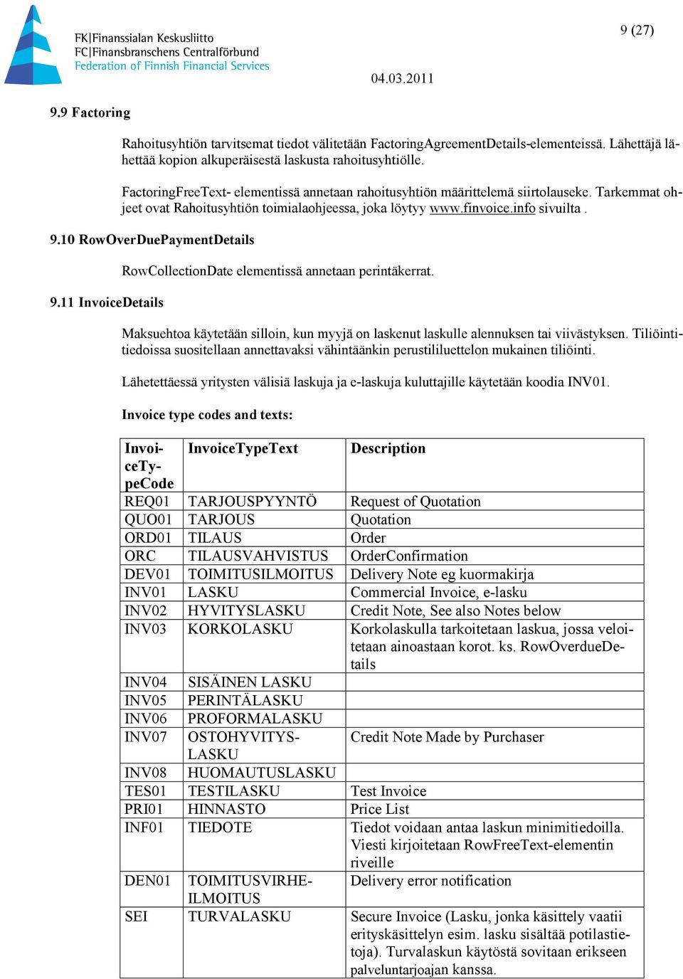 10 RowOverDuePaymentDetails 9.11 InvoiceDetails RowCollectionDate elementissä annetaan perintäkerrat. Maksuehtoa käytetään silloin, kun myyjä on laskenut laskulle alennuksen tai viivästyksen.