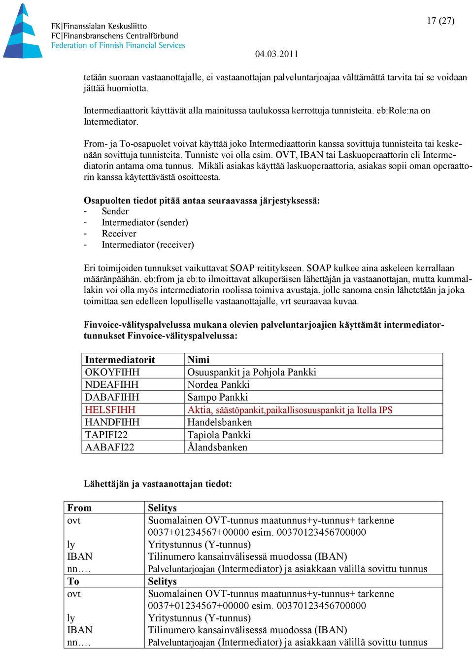 From- ja To-osapuolet voivat käyttää joko Intermediaattorin kanssa sovittuja tunnisteita tai keskenään sovittuja tunnisteita. Tunniste voi olla esim.