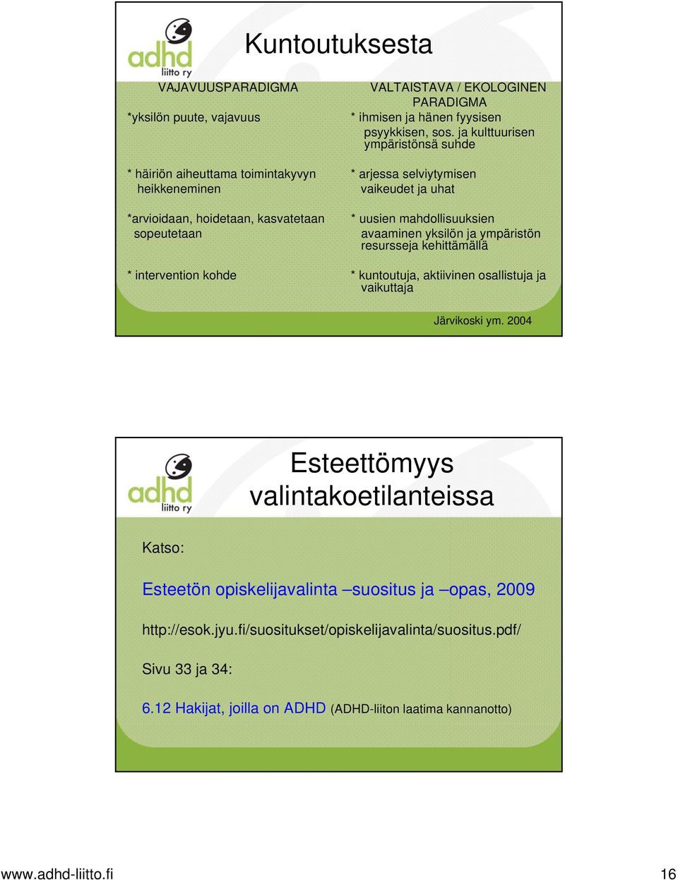mahdollisuuksien avaaminen yksilön ja ympäristön resursseja kehittämällä * intervention kohde * kuntoutuja, aktiivinen osallistuja ja vaikuttaja www.adhd-liitto.fi 31 Järvikoski ym.