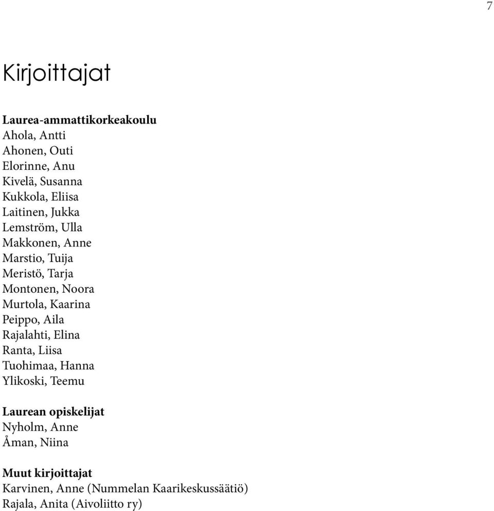 Kaarina Peippo, Aila Rajalahti, Elina Ranta, Liisa Tuohimaa, Hanna Ylikoski, Teemu Laurean opiskelijat