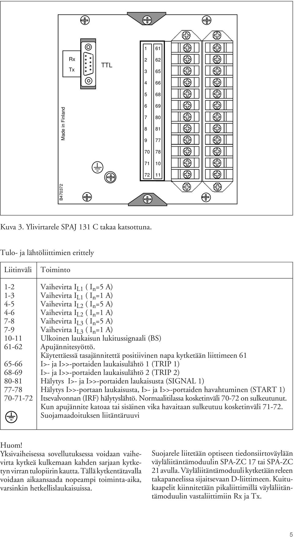 L3 ( I n =5 A) 7-9 Vaihevirta I L3 ( I n =1 A) 10-11 Ulkoinen laukaisun lukitussignaali (BS) 61-62 Apujännitesyöttö.