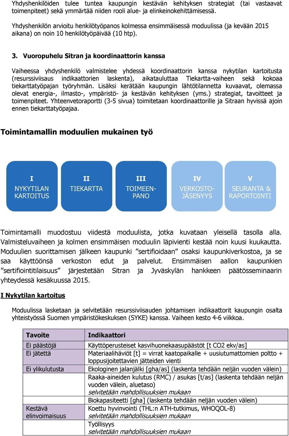 Vuoropuhelu Sitran ja koordinaattorin kanssa Vaiheessa yhdyshenkilö valmistelee yhdessä koordinaattorin kanssa nykytilan kartoitusta (resurssiviisaus indikaattorien laskenta), aikatauluttaa
