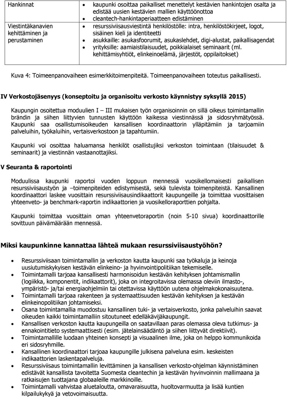 paikallisagendat yrityksille: aamiaistilaisuudet, poikkialaiset seminaarit (ml. kehittämisyhtiöt, elinkeinoelämä, järjestöt, oppilaitokset) Kuva 4: Toimeenpanovaiheen esimerkkitoimenpiteitä.