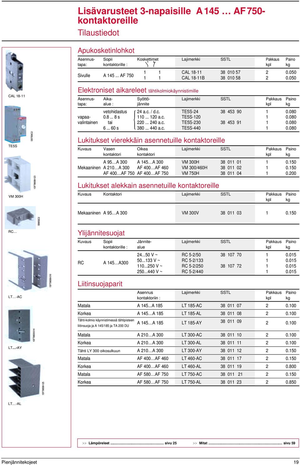 050 CAL 18-11 TE5S VM 300H SB 7558 C2 1SFT98099-123 Elektroniset aikareleet tähtikolmiokäynnistimille Asennus- Aika- Syöttö- Lajimerkki SSTL Pakkaus Paino tapa: alue : jännite kpl kg vetohidastus {