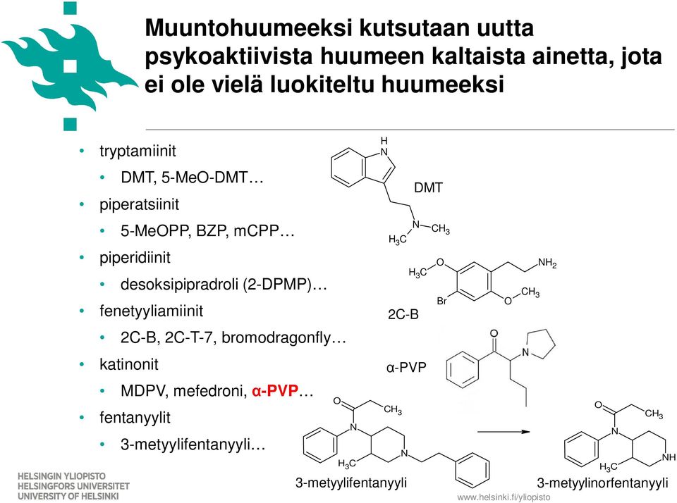 fenetyyliamiinit 2C-B, 2C-T-7, bromodragonfly katinonit MDPV, mefedroni, -PVP fentanyylit 3-metyylifentanyyli O N