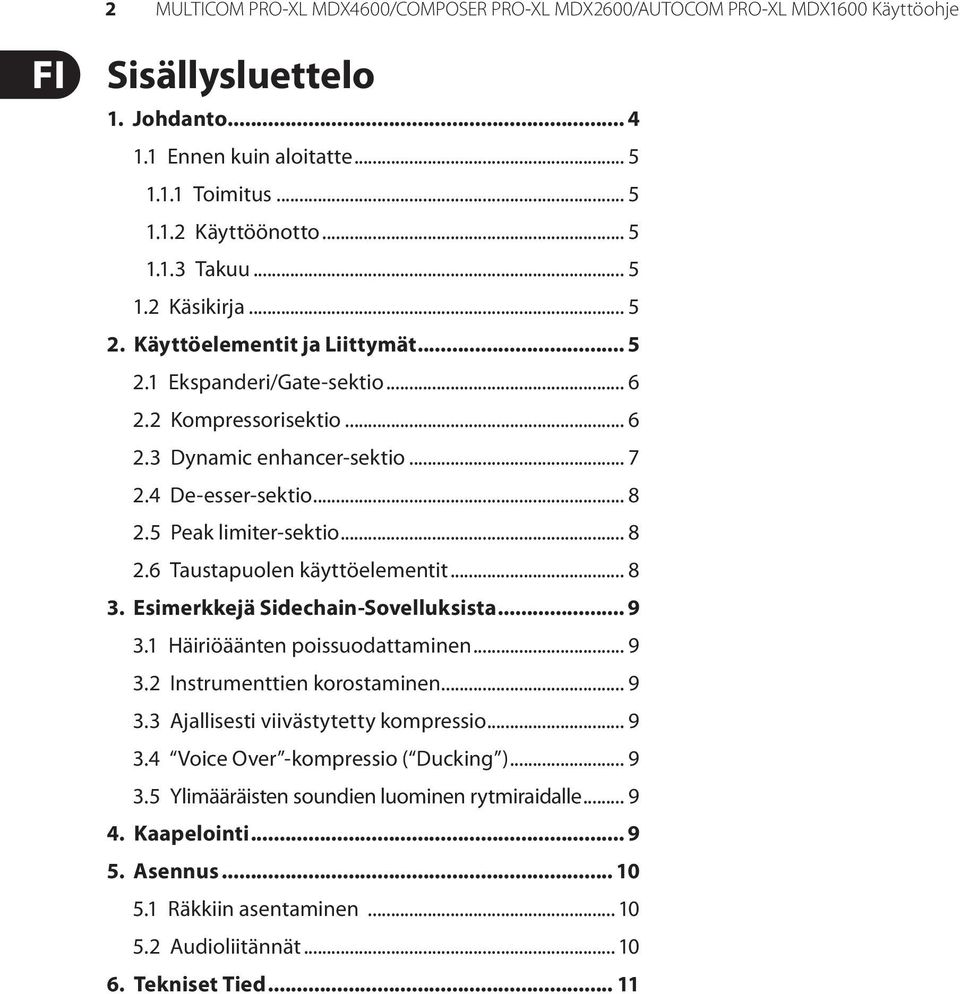 5 Peak limiter-sektio... 8 2.6 Taustapuolen käyttöelementit... 8 3. Esimerkkejä Sidechain-Sovelluksista... 9 3.1 Häiriöäänten poissuodattaminen... 9 3.2 Instrumenttien korostaminen... 9 3.3 Ajallisesti viivästytetty kompressio.